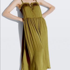 Zara Golden Olive satin effect maxi dress size M